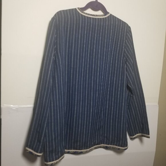 Women's Linen Blend Reversable Blue Stripe Artsy Coastal Blazer Sz M - Picture 2 of 7